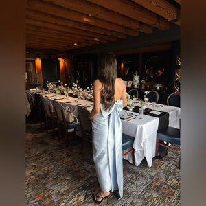 Alfred Sung Strapless Bow Back Satin Column Gown